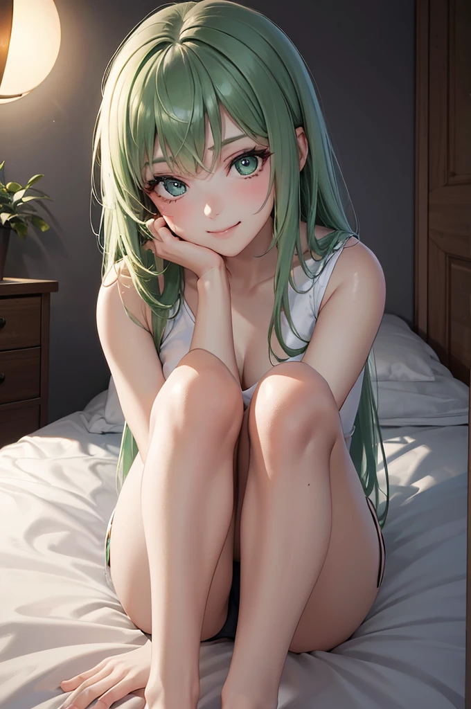 Best Quality,High resolution,8k,finelity detailed background,Masterpiece:1.2),beautiful girl,Shiny green hair,crossed bangs,Green Eyes,Gentle look,A refreshing look,smile,Best quality,Best Quality,Aesthetic and aesthetic:1.2,Best details((Super detailed))(High-definition CG illustrations),Dark grey underwear, (dark gray),Slender body,night,moon,Bedroom,On the bed,smile,blush,cute,Scrounge,Looking up,Being spoiled,super model,wariza,shoot from,below