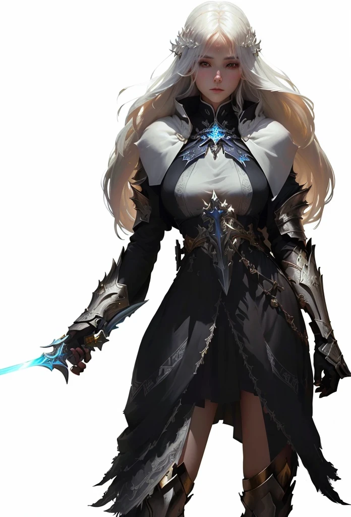 a woman in a white dress holding a sword and a sword, epic exquisite character art, pale white armor, light sorceress full view, by Yang J, dark fantasy character design, armor girl, holy cleric girl, wlop rossdraws, beautiful priestess, stunning character art, fantasy character, rossdraws 1. 0, white dress, white sleeveless top,