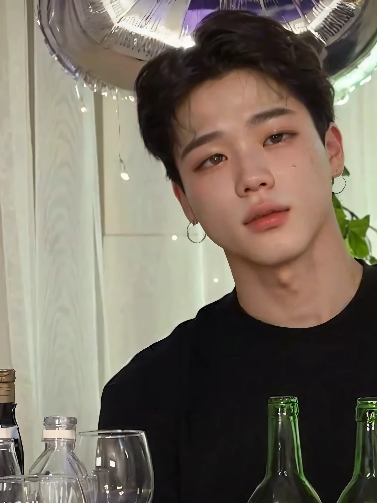 there is a man sitting at a table with bottles of wine, Jimin\the right eyelid is swollen, Jimin\fleshy lips, Jimin\the Greek nose, accurate Jimin face, giga chad crying, Jimin, park Jimin, He has a serious expression, Jimin, with a serious expression, south korean man, hyung tae, Shin Jeongho