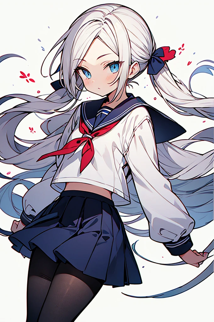 Super skillful anime style illustration,hairstyle with high-forehead,white hair,twintail hair,blue eyes,
school sailor uniform with black pantyhose,Short stature disproportionate to age,yo and 120cm,