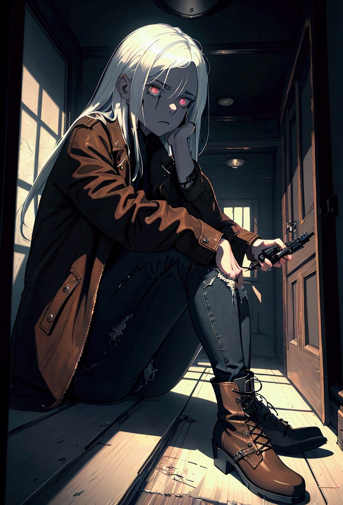 (suspense scene ((CONCEPT ART)), extremely detailed with a girl wearing jeans with brown coat and boots), (better lighting, better shadow, an extremely delicate and scary), (digital illustration), ((4k painting)), [(dynamic angle,((1girl)),white hair, (beautiful face, perfect face, scared,) expression of fear, torn clothes, a gun in hand, sitting on the floor, darkness, scary house),  [:(dark, mysterious, game paint, sinister setting, jagged corridors, big house, deadly silence):]