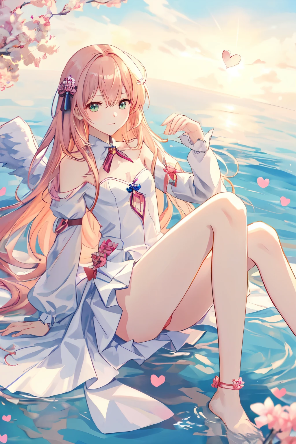 1_girl, (anime, kawai:2), (masterpeice, best_quality, clean:1.5), (sky_background:1.2), (cute, cute_smile, wholesome, young:1.8), (delicate, extremely_delicate, beautiful, thin:1.5), (girlfriend, angel:1.8), (green_eyes, simple_eyes:1.8) (long_hair, blond_hair, wearing_pink_dress, pink_angel_wings:1.5), (combat:1.2), extremely_delicate, (love_magic:1.5), (age_size_fits_body), (small_thighs:1.3), (breasts), (eye_level:1.3), (heart_magic, love:1.5), (folded_legs:1.5)