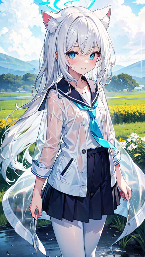 Short legs,White pantyhose,White hair,Smile,Long hair,Cat ear,Heterochromia(Left blue right yellow),Female face,There are bright spots in the eyes,flat chest,blue halo,Field paths,heavy rain,Wet clothes,Sailor Suit,Gray background,heavily clouded,rural