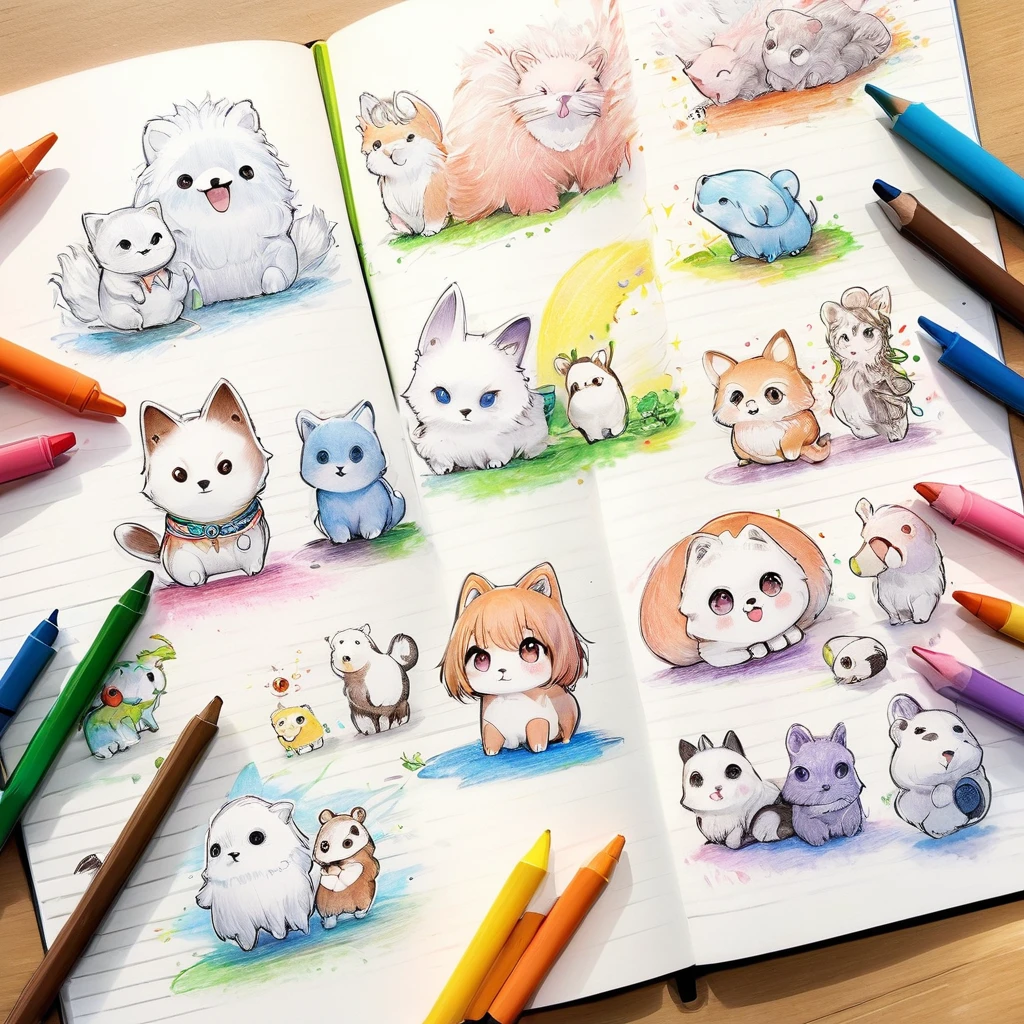 chibi characters and fluffy animals drawn by children with crayons, 2.5D, delicate and dynamic, poorly drawn manga-style images, contrast magic effects