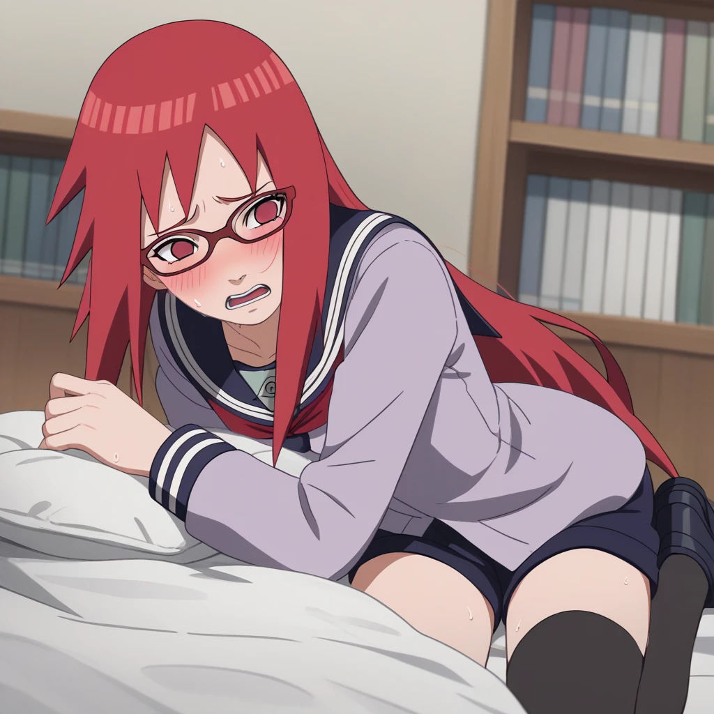 Red hair, 1 Girl, Glasses, Long hair, Red Eyes, Solitary, Sailor Suit, Black over-the-knee stockings, Black shorts, Umbilical cord, Looking at the audience,No students, Japanese cartoons screencap, Japanese cartoons coloring,src_Japanese cartoons,Naruto \(series\), Naruto shippuuden,((blush,nervous,Vision,library,bookshelf,sit on the chair,))masterpiece, absurd , (Intricate details), (Colorful), light, Extremely detailed CG Unity 8k wallpaper ,1 Girl, solo,(shy,classroom,night,blush,nervous,Sweating,蕾丝dress, ),sweat,blush,blush1.5,Blush,Medium chest,((dress,Black stockings,)),(dress,Lying in bed,Uncomfortable expression,Mouth open,spit)