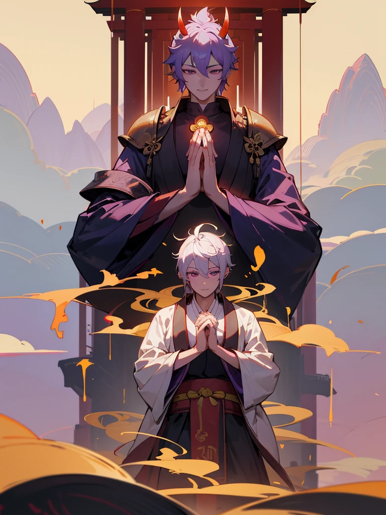 Dragon God Kannon Bodhisattva,Purple Eyes, Horn, White Short Hair, Black Armor, torii, male, Buddha, Praying with hands together, Zazen, Aiphone, Lotus Field, pure land, 神Buddha融合