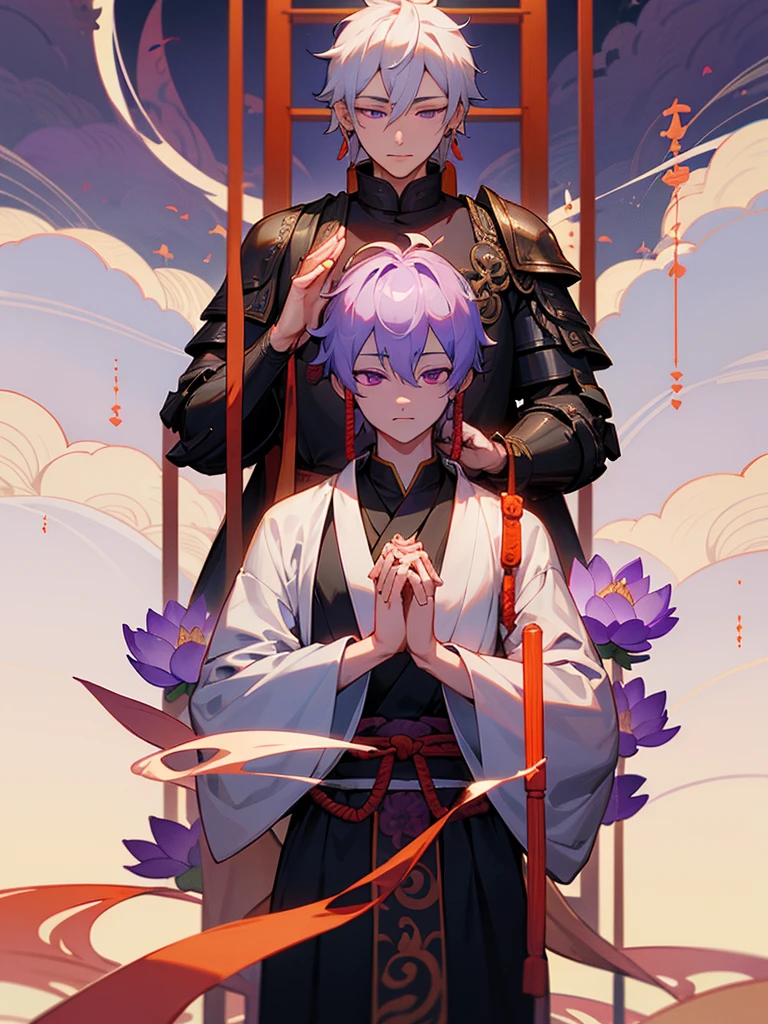 Dragon God Kannon Bodhisattva,Purple Eyes, Horn, White Short Hair, Black Armor, torii, male, Buddha, Praying with hands together, Zazen, Aiphone, Lotus Field, pure land, 神Buddha融合