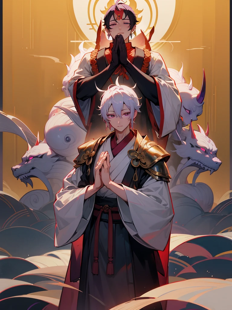 Japanese theme,samurai armor,oni mask,oni horns,black horns,gold trimmed armor,1 boy,white hair,red eyes,gradient hair,lighting,machina,lighting