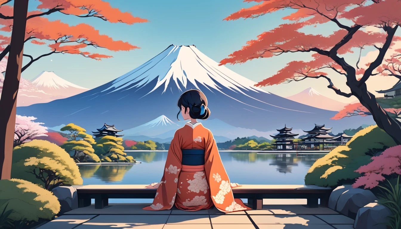 Woman in kimono,The background is a Japanese garden and Mt. Fuji、 Wide-angle lens, Lofi Anime, Lofi illustration, Aesthetic atmosphere, Lo-Fi Style, Vector art, Flat Design, Simple shape, Warm tones, Pleasant atmosphere, Chill, In anime style, Digital drawing, Vector art, Vector logo for t-shirt printing, (Adorable:1.5), (small:1.4), (Playful:1.2), (soft:1.3), (Whimsical:1.1), masterpiece, Highest quality, 8k, Intricate details, grow, Celestial, Mysterious, Picturesque, amazing, Majestic, Magic, Fantasy art, Cover art, dream-like