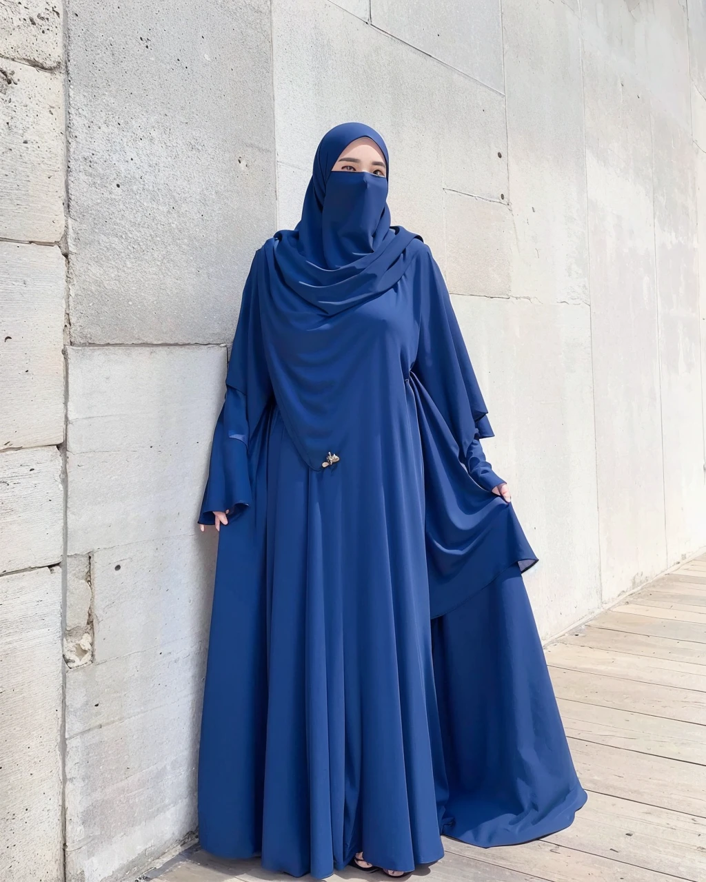 8K, high quality, nice lighting, soft lighting, realistic, dark eyes, sexy, big breasts, thighs, wide hips, arabic dress, blue dress, Jewelry, sexy lady, asian, hijab, niqab, sexy pose, showing big thighs, nice body, natural largest breast, wearing rings for woman