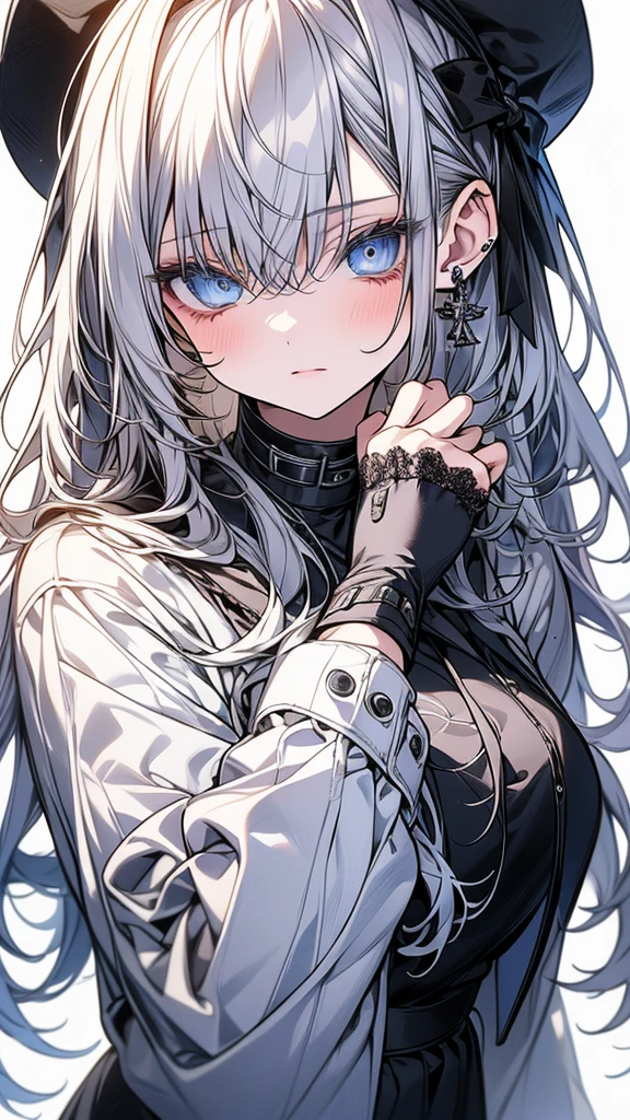 (Top resolution、Distinct_image)top-quality、(A girl) 、masterpiece、highly detailed, half body, Semi-realistic、 ( blue eyes ) 、18year old,
( white hair ) ,young , ( black hilight on the hair), Facial features ,variation potrait, long hair , age, cool , cold sharp eyes, , {Very detailed 8k CG unit wallpaper}, students, (white oversized shirt ) ,music club background, cute