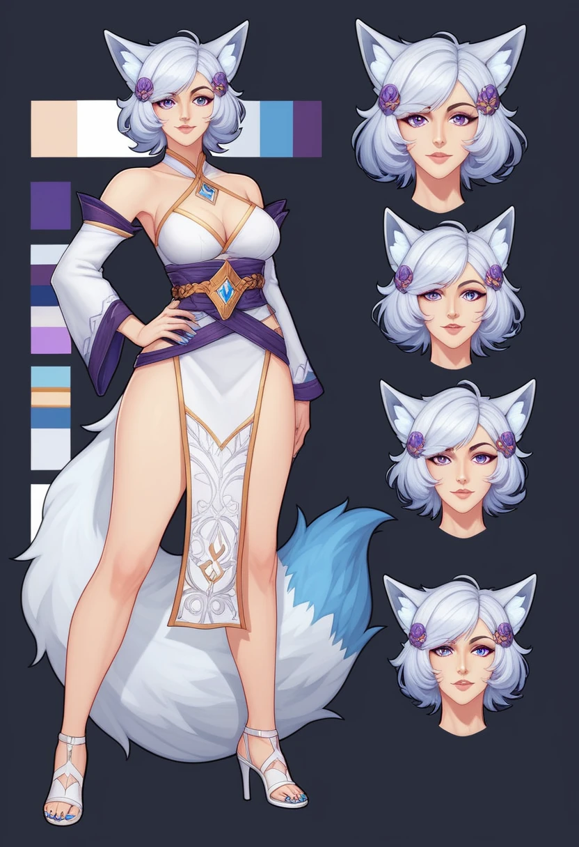 (masterpiece, best quality:1.2)((silver white hair))((violet eyes)),solo,1girl,((eyes tilted outwards)), ((standing_fox_ears)),((fluffy_fox_tail)), milf ,averting_eyes,hair_between_eyes,basic_blue_hairpin,blue_nail_polish,bob_hair,short_hair, (medium breasts), blue_jrpg_robes, (reference image)