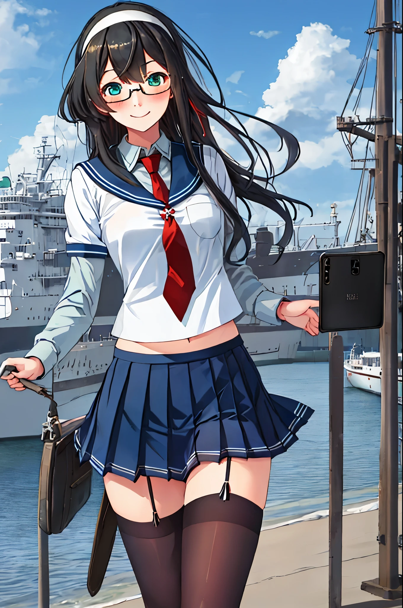 best quality, masterpiece, highres, solo, {ooyodo_kantaicollection:1.15}, black_hair, long_hair, glasses, hairband, semi-rimless_eyewear, under-rim_eyewear, blue_eyes, green_eyes, blush,small_breasts, 1girl, school_uniform, serafuku, pleats_skirt, looking_at_viewer, necktie, harbor_town_background, red_necktie,(angry:0.7),smile,,thigh-highs,,selfie