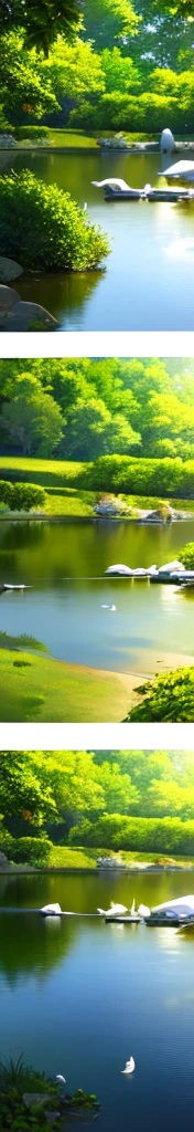 A detailed, high-quality, serene pond scene with a green turtle and two white hens standing in the calm water, (best quality,8k,highres,masterpiece:1.2),ultra-detailed,realistic,photorealistic,photo-realistic:1.37),HDR,UHD,studio lighting,ultra-fine painting,sharp focus,physically-based rendering,extreme detail description,professional,vivid colors,bokeh,nature,landscape,hyper-realistic,lush greenery,tranquil water,reflective surface,detailed reptile,detailed birds,natural lighting,atmospheric