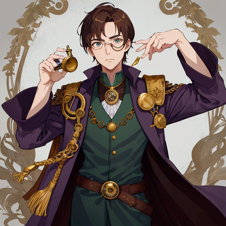 guy, turned to the camera with his left shoulder, brown hair, green eyes, monocle on his left eye, blue robe, one sleeve rolled up to the elbow, gray shirt under the mantle, brown belt belt, gold plate, monocle, in his right hand a small bottle with purple liquid