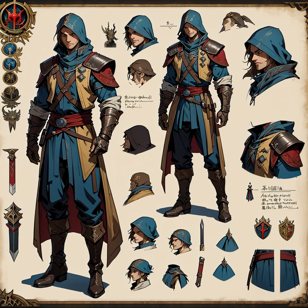 Close-up of a man in a Assasin's Creed costume, ((character concept art)), ((Character design sheet, same character, on front, from on the side, At the back)) Character image, Medieval game character design, Medieval game character design, hair color: Brown with gold parting, Age: Young, eyecolor: Brown, He wears gloves on his hands, Wears boots. During the use of certain abilities, A helmet is formed on the head of a dragon. He has a code name around his neck, expert high detail concept art, Concept art of a metal bullet, Fun character design. ConceptArt, belt buckle at the waist,Medieval style weapons,