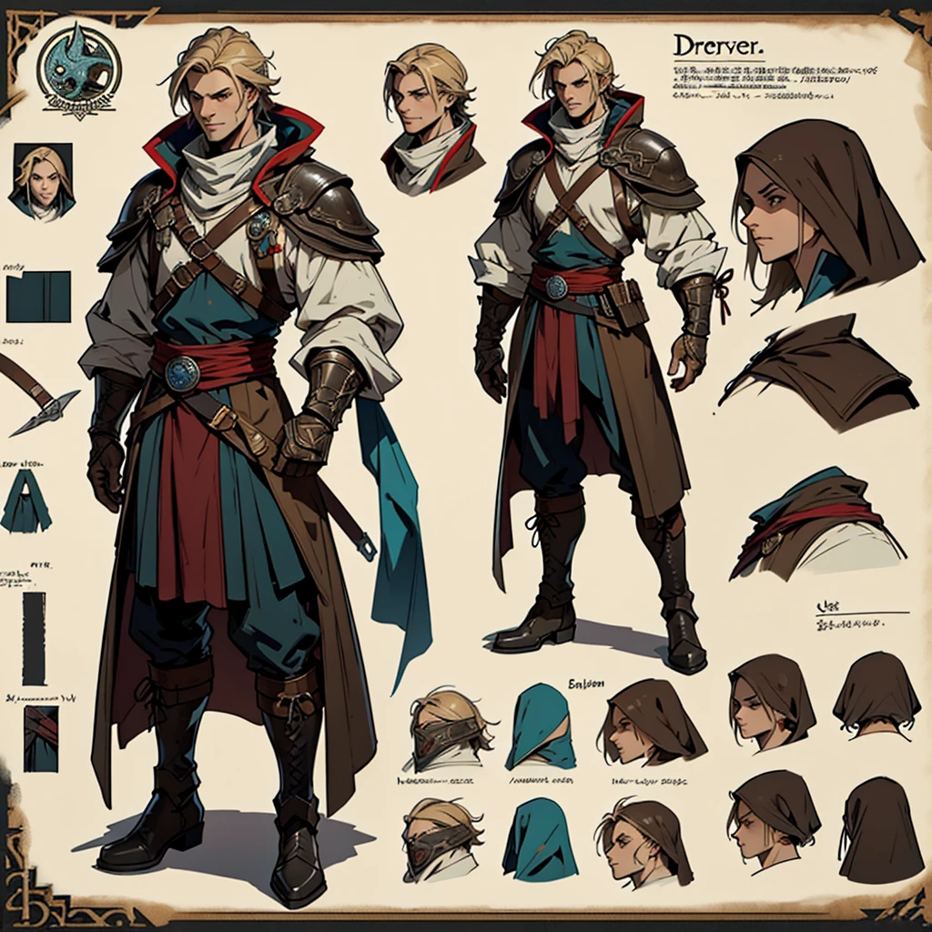 Close-up of a man in a Assasin's Creed costume, ((character concept art)), ((Character design sheet, same character, on front, from on the side, At the back)) Character image, Medieval game character design, Medieval game character design, hair color: Brown with gold parting, Age: Young, eyecolor: Brown, He wears gloves on his hands, Wears boots. During the use of certain abilities, A helmet is formed on the head of a dragon. He has a code name around his neck, expert high detail concept art, Concept art of a metal bullet, Fun character design. ConceptArt, belt buckle at the waist,Medieval style weapons,