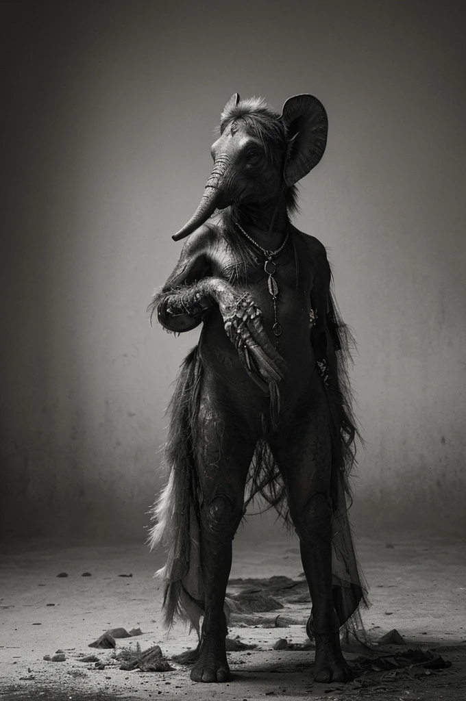 Fine Art, black-white-red-green, high contrast, National Geographic Foto: André Uhlisch - Art, , digital painting of a colorful old octopus with glowing legs, in a glittering dress and delicately arranged furry arms and dusty legs,riding on the head of a dog . recorded in the style of post-apocalyptic Fu