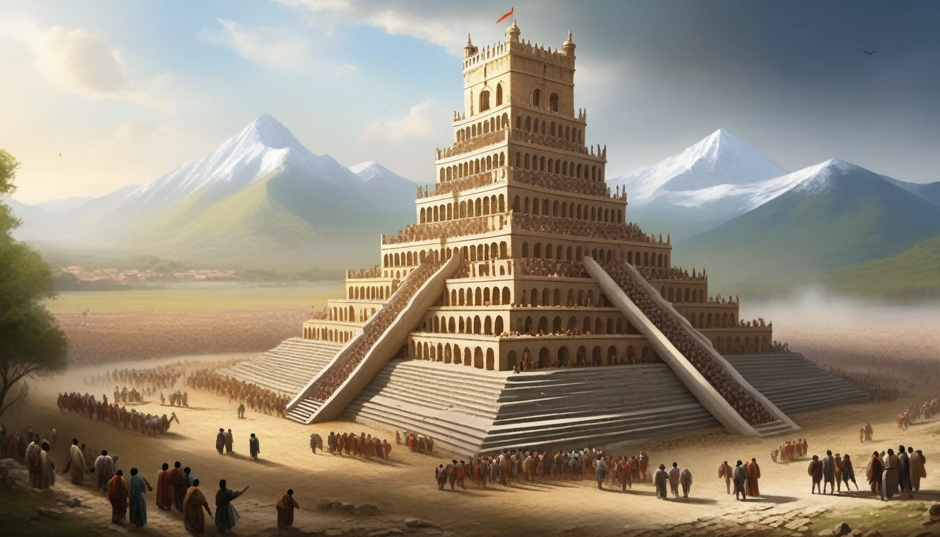 The Construction of the Tower After the Flood, people spread across the land. A group decided to settle in the plain of Shinar. oda, with great enthusiasm, began to build a city with a tower that reached the heavens. They worked tirelessly, molding bricks and using bitumen as mortar. The leader of the group, an ambitious man named Nimrod, inspired others to create a monument to their own greatness. "Let's build a tower that reaches the heavens and make a name for ourselves", he proclaimed, with eyes shining with ambition.
The Confusion of Tongues God watched the construction of the tower of heaven. Seeing the pride and presumption of men, decided to intervene. "If as one people, speaking the same language, they started doing this, so nothing they plan will be impossible for them", God said. Then, came down to earth and confused the language of the workers, making them no longer understand each other. In the midst of chaos, screams and murmurs arose, while everyone spoke a different language. Construction stopped abruptly, and the workers dispersed, abandoning the unfinished tower. The city was called Babel, for there the Lord confused the language of the whole world and scattered them throughout the earth.