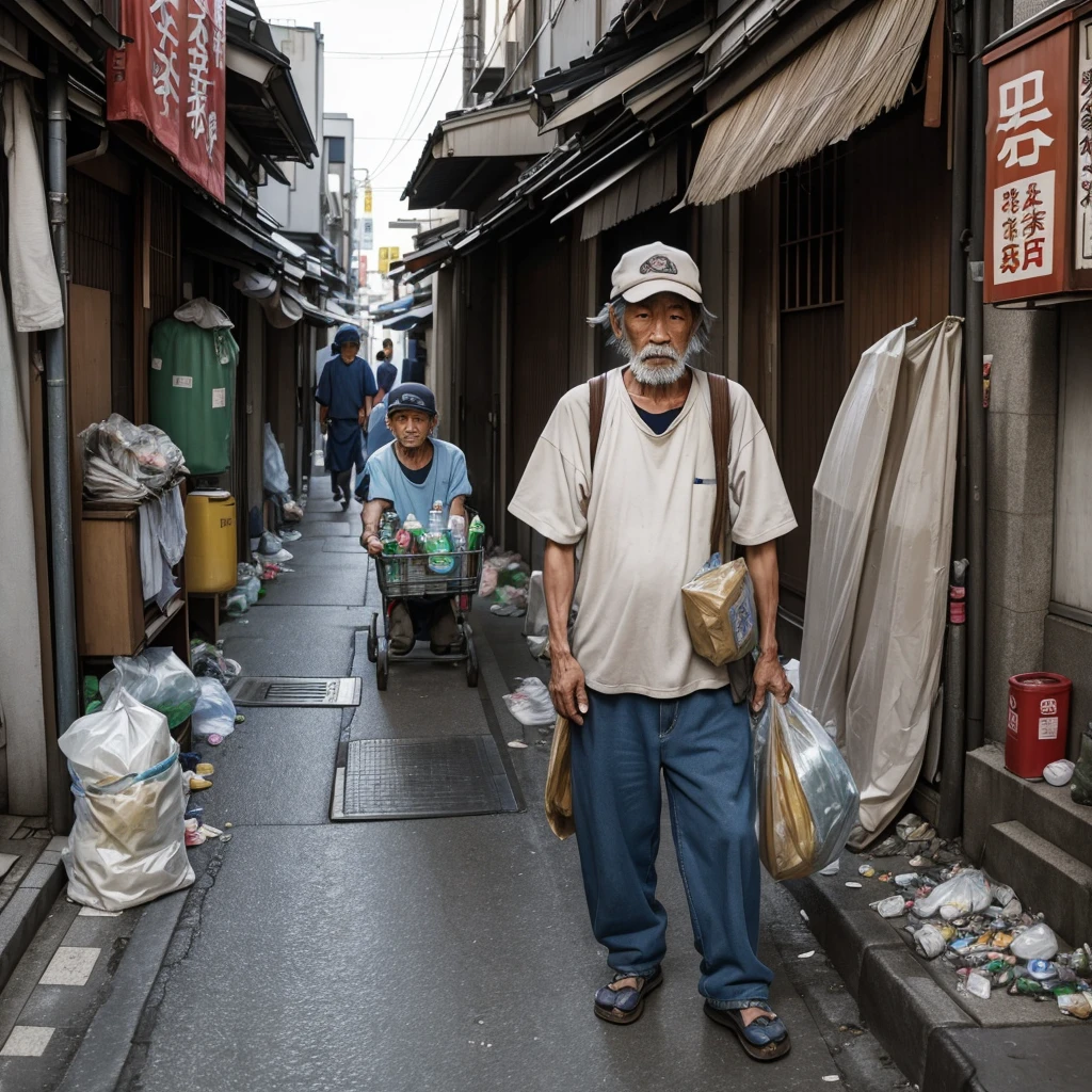 A Japanese homeless man in his 60s、Collecting recyclables from a trash bin in a busy back alley in Tokyo。He was wearing worn and dirty Japanese-style clothing.、A large cloth bag on his shoulder、Pushing a rusty shopping cart。The cart is full of cans and plastic bottles.。The man&#39;s face is marked with weathered wrinkles.、Have a tired look。Vending machines in the background、Neon Signs、Densely packed buildings are visible。at dusk、As the natural light fades、There is artificial light mixed in from nearby shops.。CG Real