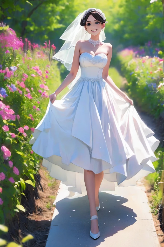 A girl, dressed in a wedding dress, white wedding dress, full body drawing, slim, long legs