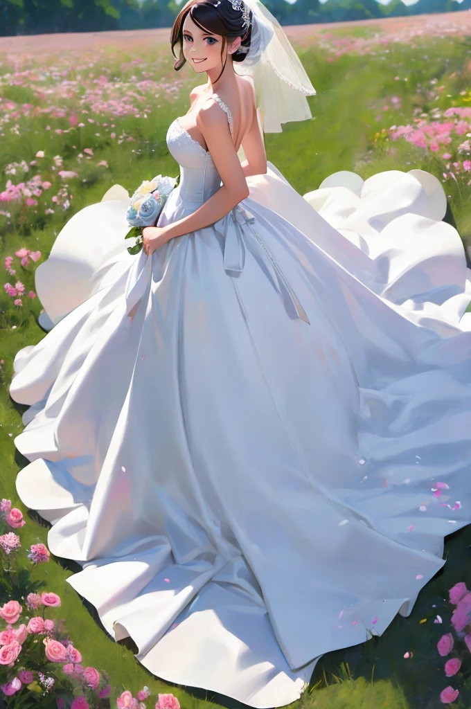 A girl, dressed in a wedding dress, white wedding dress, full body drawing, slim, long legs