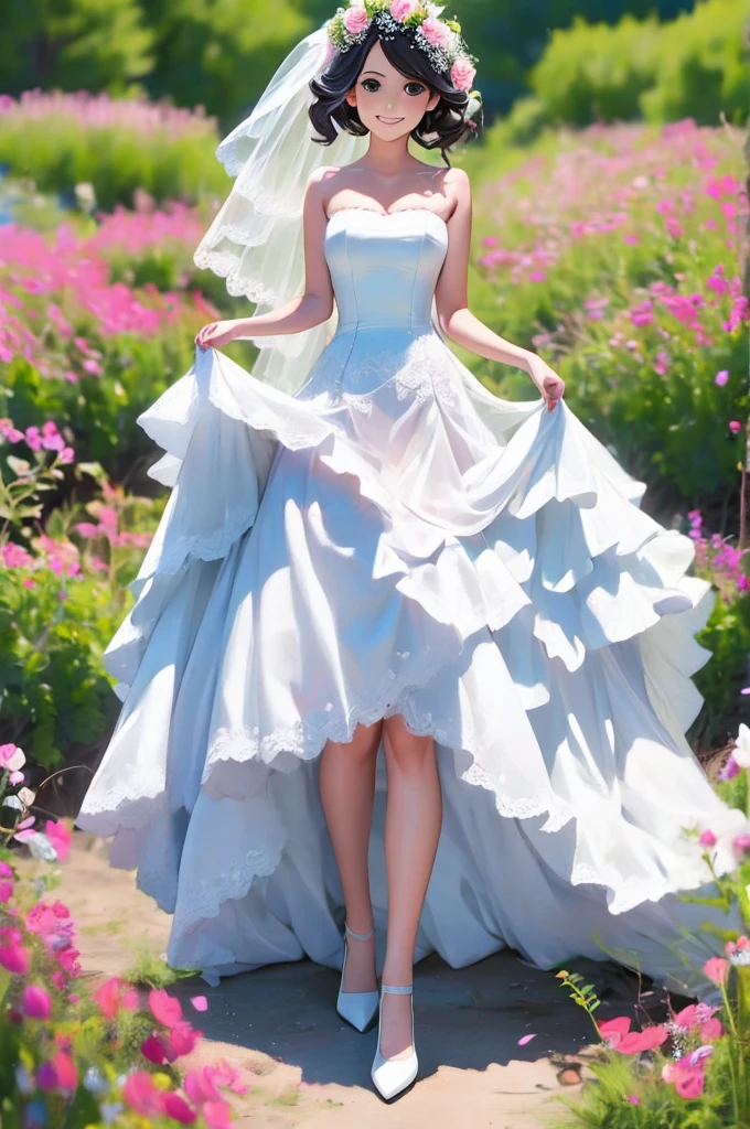 A girl, dressed in a wedding dress, white wedding dress, full body drawing, slim, long legs
