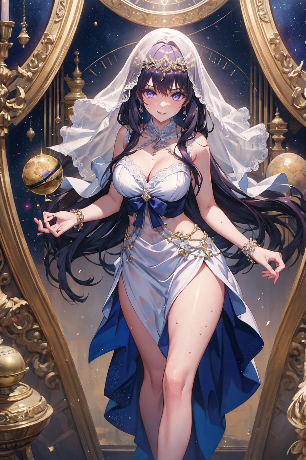 Young and beautiful woman,(Highest quality,Extremely detailed depiction,Incredible high resolution,Anatomically accurate depiction,Two beautiful hands, Five perfect fingers,Curvy Legs),(Glowing Skin),(astrologer),Celestial globe,Veil,Purple eyes,There is cleavage in the chest,Captivating smile,Large Breasts,Glossy Lips,Shadowed face,With arms outstretched,Sweat,whole body,background:A room depicting space,Mysterious atmosphere