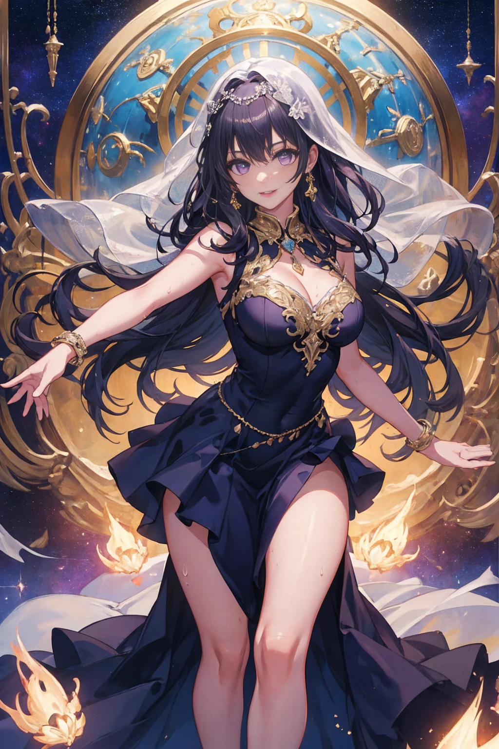 Young and beautiful woman,(Highest quality,Extremely detailed depiction,Incredible high resolution,Anatomically accurate depiction,Two beautiful hands, Five perfect fingers,Curvy Legs),(Glowing Skin),(astrologer),Celestial globe,Veil,Purple eyes,There is cleavage in the chest,Captivating smile,Large Breasts,Glossy Lips,Shadowed face,With arms outstretched,Sweat,whole body,background:A room depicting space,Mysterious atmosphere