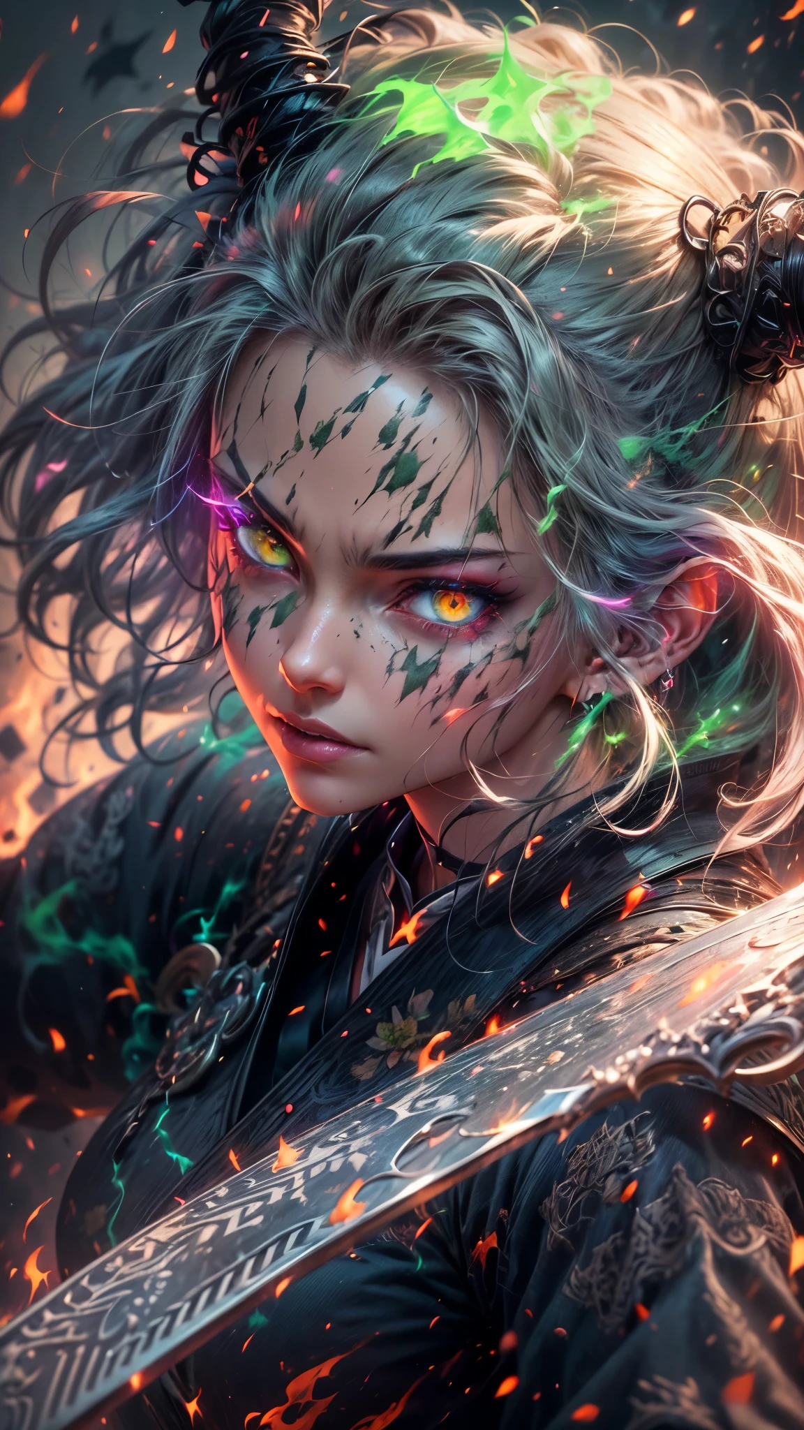 a young woman with pale skin, bright green eyes, green tied hair, beautiful and perfect demon face, concentrated expression, wearing loose and dark samurai clothing, holding a katana filled with green flames, surrounded by bright green flames, in a colorful and dynamic anime-style epic scene, with a floated and dark background, (best quality,4k,8k,highres,masterpiece:1.2),ultra-detailed,(realistic,photorealistic,photo-realistic:1.37),HDR,UHD,studio lighting,ultra-fine painting,sharp focus,physically-based rendering,extreme detail description,professional,vivid colors,bokeh