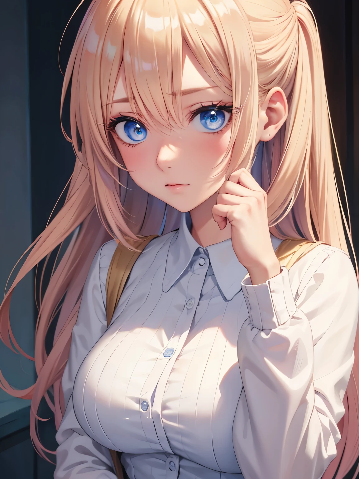 1woman,blue eyes,Sad expression, looking away,Beautiful makeup, long eyelashes,early in the morning,stunning,close up photo, very detailed face,cute,,HD face, perfect face,Short white dress, pink cardigan,very big breasts,Blonde hair,blonde hair,blonde,bangs,long hair, straight hair,ultra detail,ultra Hd, masterpiece,4k