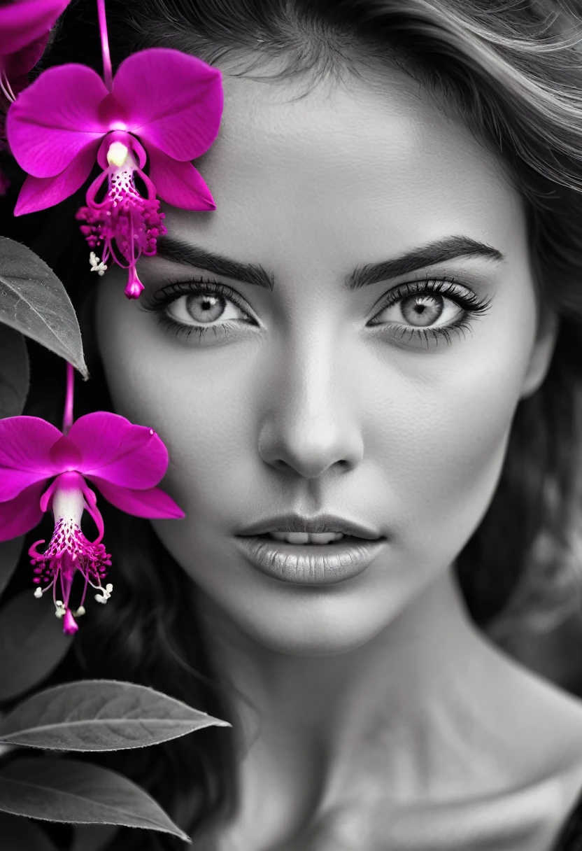 A black and white photo in raw format, zooming in on the intricate details of a woman's face, revealing her expressive eyes. Frame the shot with a solitary striking Fuchsia flower, adding a touch of softness and femininity to the composition, enhancing the dramatic contrast and textures of the monochrome image, ultra clear