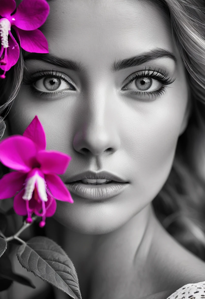A black and white photo in raw format, zooming in on the intricate details of a woman's face, revealing her expressive eyes. Frame the shot with a solitary striking Fuchsia flower, adding a touch of softness and femininity to the composition, enhancing the dramatic contrast and textures of the monochrome image, ultra clear
