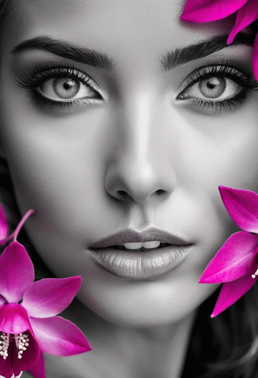 A black and white photo in raw format, zooming in on the intricate details of a woman's face, revealing her expressive eyes. Frame the shot with a solitary striking Fuchsia flower, adding a touch of softness and femininity to the composition, enhancing the dramatic contrast and textures of the monochrome image, ultra clear
