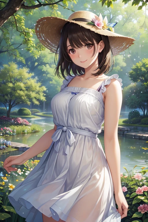anegasaki nene、Shiny brown hair, short hair, (Beautiful brown eyes、Sparkling eyes, Fine grain)、smile、Ultra-detailed eyes、Very detailed顔, Very detailed目,Cowboy Shot、



(masterpiece:1.2, Highest quality),(Realistic, photoRealistic:1.4),1 female,
Girl In The Garden,figure,,Highest quality:1.2,Very detailed,Flowers,wood,sunlight,Peaceful atmosphere,Calm expression,loose fitting dress,Sun hat,butterfly,Quiet Energy,Blissful,harmonious blend,Laughter of joy,Whispering Wind,Fragrant flowers,Delicate petals,Quiet Pond,Playful squirrel,Multicolored birds,Lush greenery,Vibrant Life,endless silence