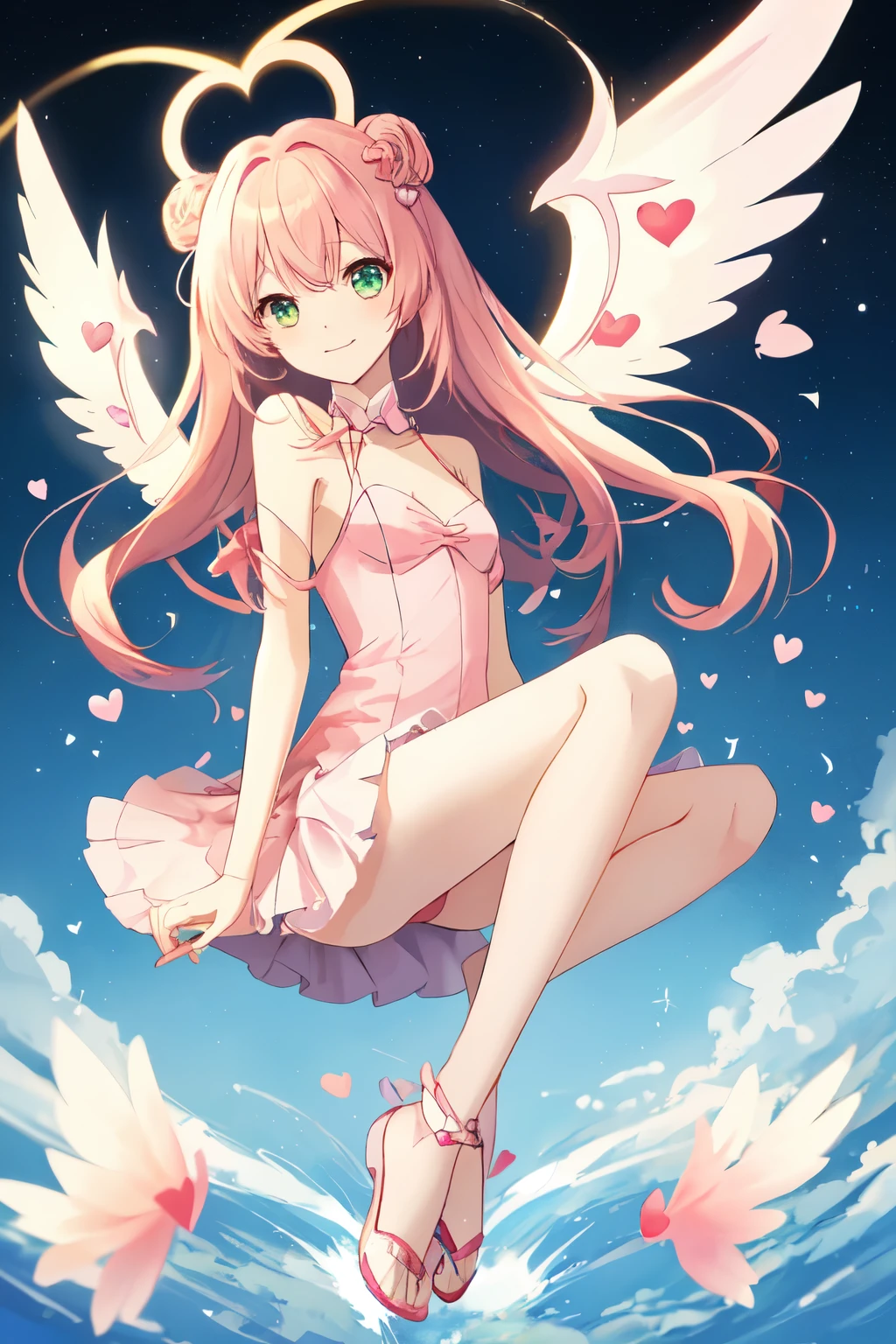1_girl, (anime, kawai:2), (masterpeice, best_quality, clean:1.5), (sky_background:1.2), (cute, cute_smile, wholesome, young:1.8), (delicate, extremely_delicate, beautiful, thin:1.5), (girlfriend, angel:1.8), (green_eyes, simple_eyes:1.8) (long_hair, blond_hair, wearing_pink_dress, pink_angel_wings:1.5), (combat:1.2), extremely_delicate, (love_magic:1.5), (age_size_fits_body), (small_thighs:1.3), (breasts), (eye_level:1.3), (heart_magic, love:1.5), (folded_legs:1.5)