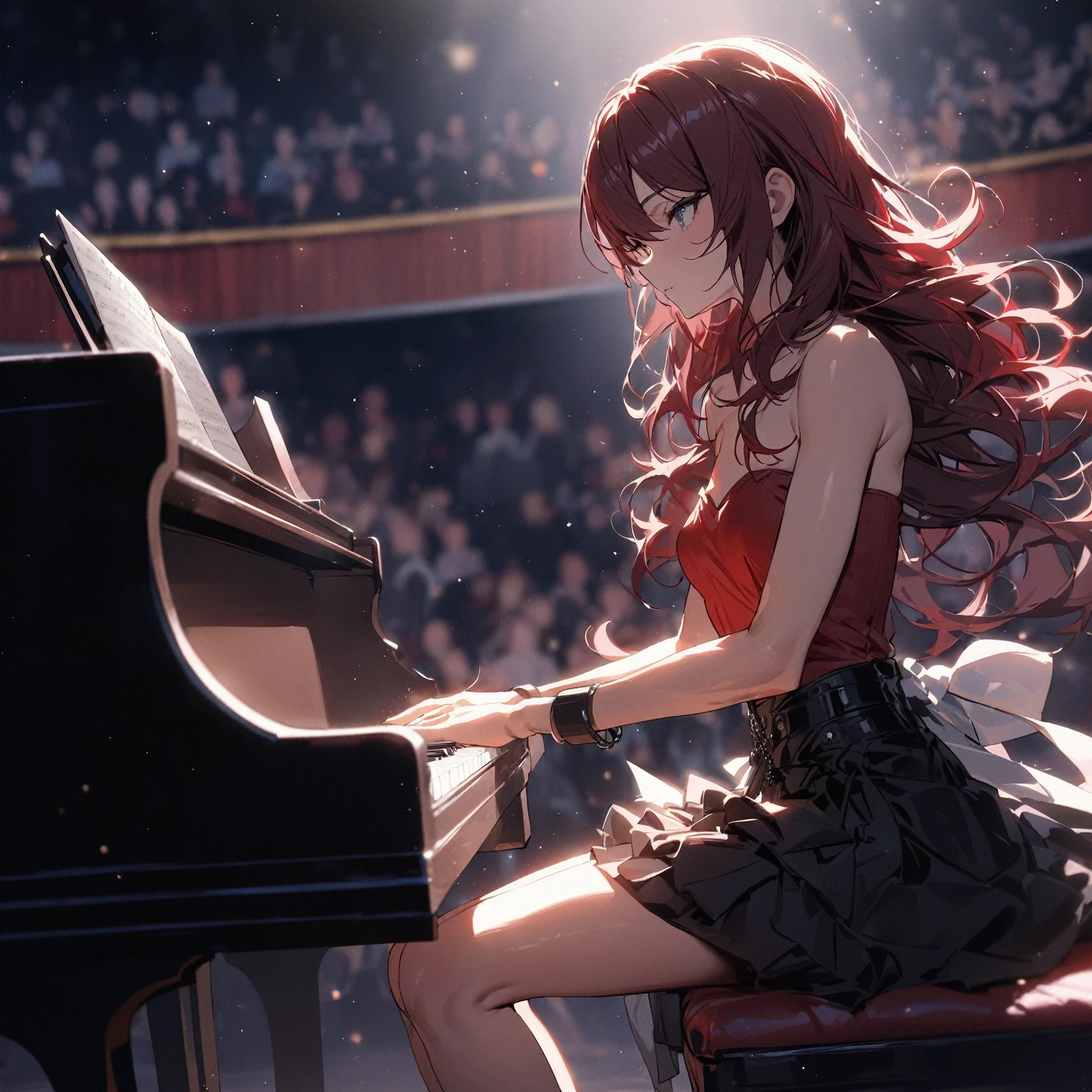 ((Masterpiece, best quality, light particles)), stoic young woman playing piano on stage, sitting on chair, close up, gray eyes, dark red hair in low twin tails, swept bangs, strapless red shirt, black skirt, black bracelet, white ribbons, black combat boots, small breasts, toned arms, blurry, theatre, seated crowd, spotlight, 