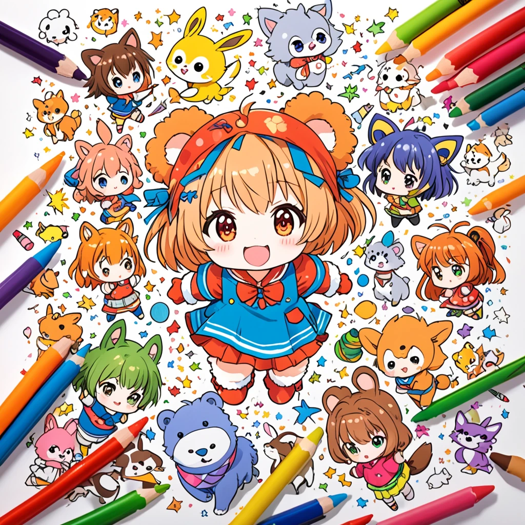 chibi characters and fluffy animals drawn by children with crayons, 2.5D, delicate and dynamic, poorly drawn manga-style images, contrast magic effects