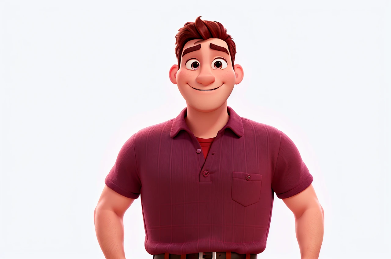 Disney Pixar cartoon style man, with white studio background, super detailed, in high quality, smiling, winning feeling, He wears burgundy shirt, ultra HD