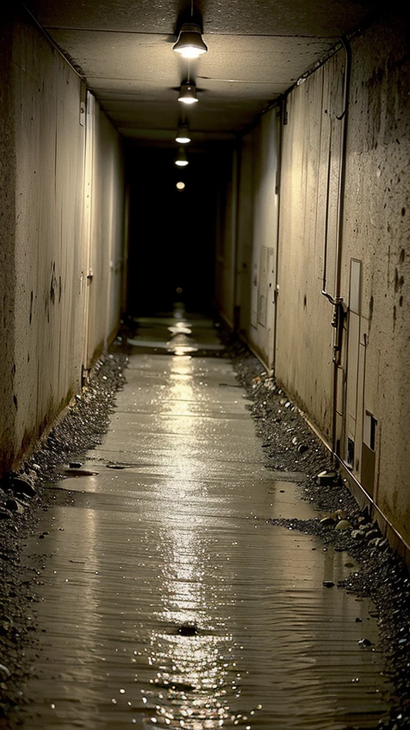 Wide angle of view, very old tunnel, eerie and scary, water on the ground.