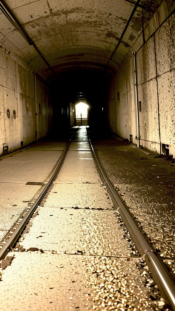 Wide angle of view, very old tunnel, eerie and scary, water on the ground.