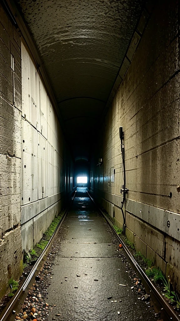 Wide angle of view, very old tunnel, eerie and scary, water on the ground.