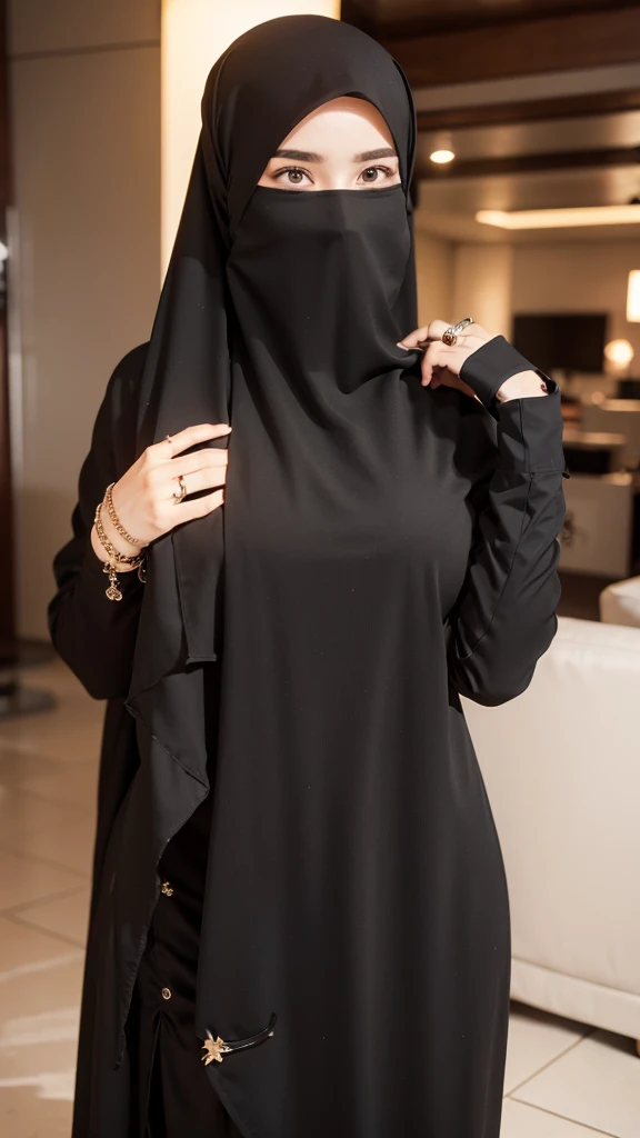 8K, high quality, nice lighting, soft lighting, realistic, dark eyes, sexy, big breasts, thighs, wide hips, arabic dress, black dress, Jewelry, sexy lady, asian, hijab, niqab, sexy pose, showing big thighs, nice body, natural largest breast, wearing rings for woman, office girl, sexy posing,
