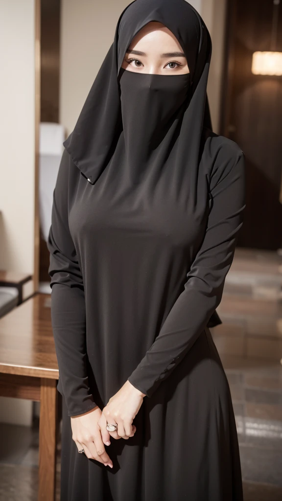 8K, high quality, nice lighting, soft lighting, realistic, dark eyes, sexy, big breasts, thighs, wide hips, arabic dress, black dress, Jewelry, sexy lady, asian, hijab, niqab, sexy pose, showing big thighs, nice body, natural largest breast, wearing rings for woman, office girl, sexy posing,

