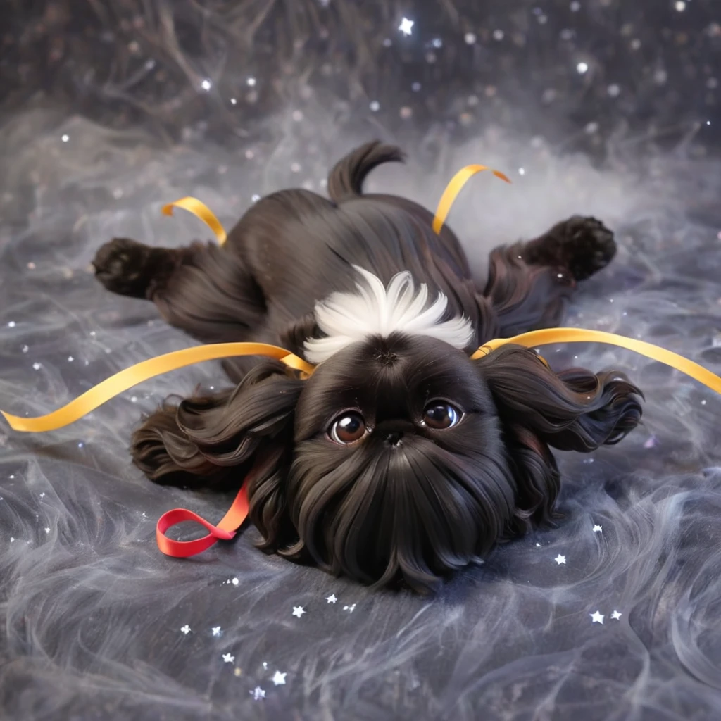 Ultra-small deformation,pop art, (from above), A black Shih Tzu puppy is curling up in the air, cloud back ground, surrounded colorful ribbons and particles shaped star, falling through the air, lie on back spreading arms and legs wide, close up happily expression toward the viewer, smoke screen, speed line, Dynamic Motion Blur, Dynamic action scenes