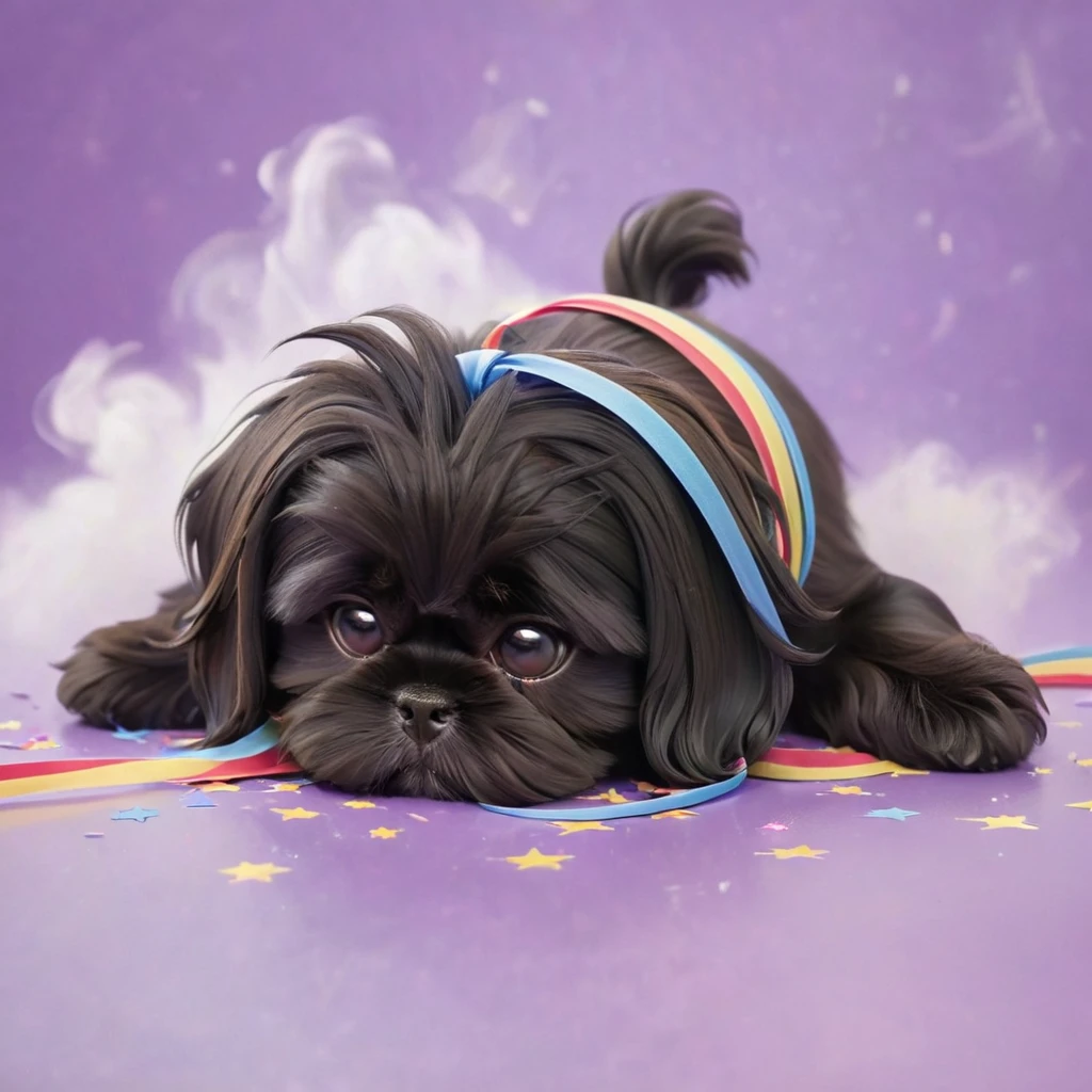 Ultra-small deformation,pop art, (from above), A black Shih Tzu puppy is curling up in the air, cloud back ground, surrounded colorful ribbons and particles shaped star, falling through the air, lie on back spreading arms and legs wide, close up happily expression toward the viewer, smoke screen, speed line, Dynamic Motion Blur, Dynamic action scenes