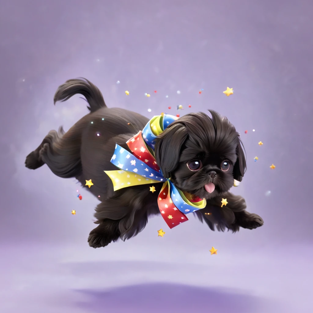 Ultra-small deformation,pop art, (from above), A black Shih Tzu puppy is curling up in the air, cloud back ground, surrounded colorful ribbons and particles shaped star, falling through the air, lie on back spreading arms and legs wide, close up happily expression toward the viewer, smoke screen, speed line, Dynamic Motion Blur, Dynamic action scenes