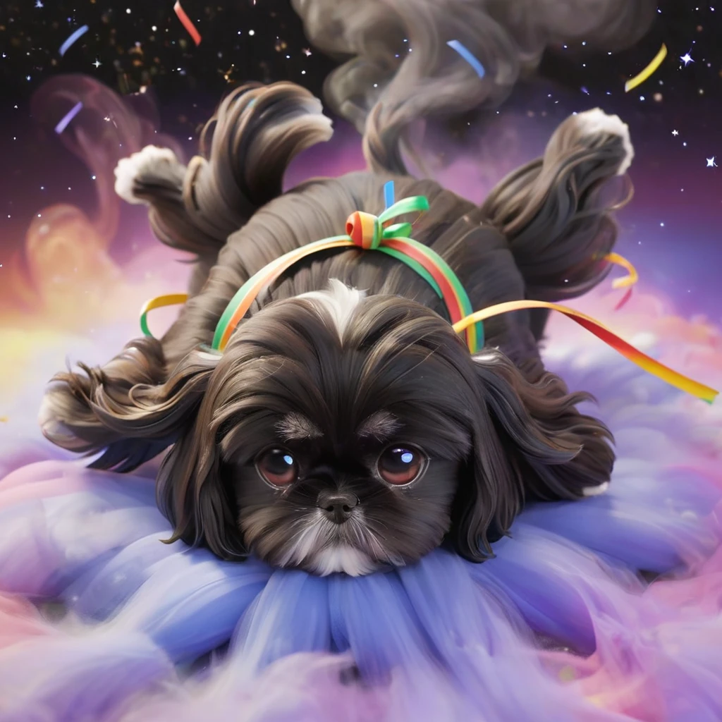 Ultra-small deformation,pop art, (from above), A black Shih Tzu puppy is curling up in the air, cloud back ground, surrounded colorful ribbons and particles shaped star, falling through the air, lie on back spreading arms and legs wide, close up happily expression toward the viewer, smoke screen, speed line, Dynamic Motion Blur, Dynamic action scenes