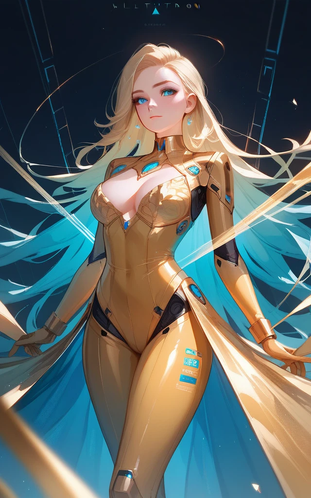 girl, ultron golden suit, blonde, blue eyes, Hyper Realistic, masterpiece