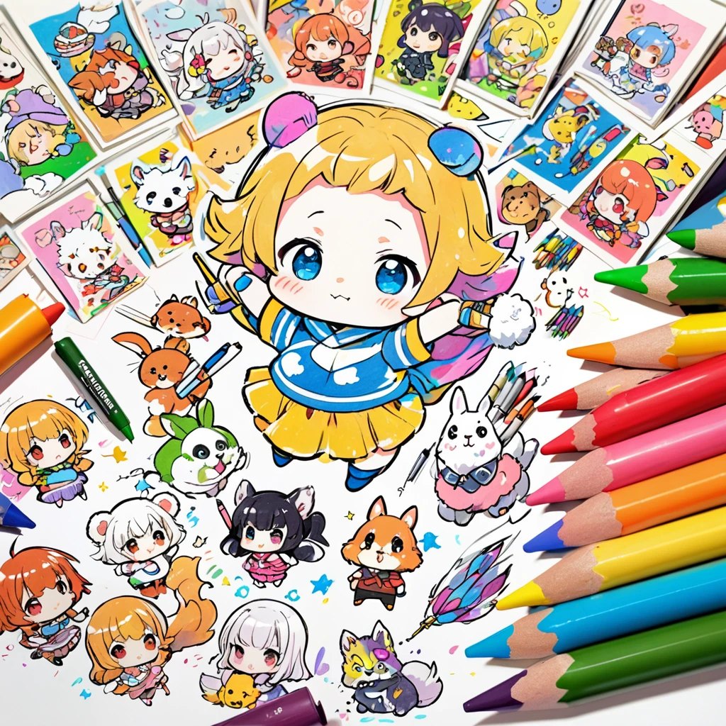 chibi characters and fluffy animals drawn by children with crayons, 2.5D, delicate and dynamic, poorly drawn manga-style images, contrast magic effects